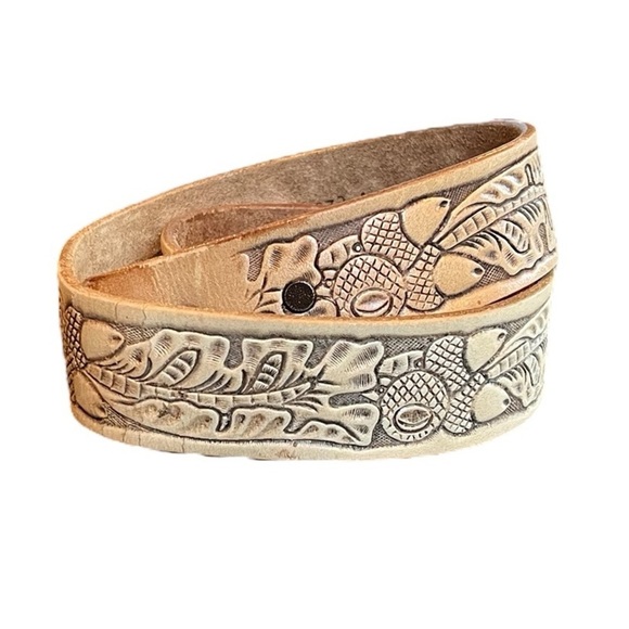 Justin Boots Tan Western Top Grain Leather Tooled Unisex Belt Light Tan Acorns - Picture 1 of 6